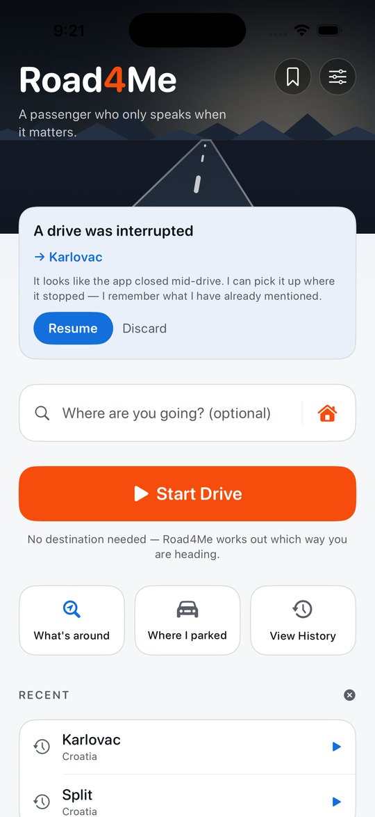 Road4Me's home screen: a search field, a Start Drive button, recent destinations and places nearby